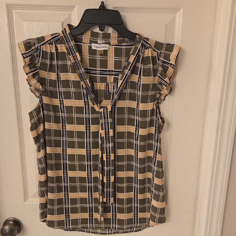Calvin Klein Women's Checkered Blouse - Black and Tan